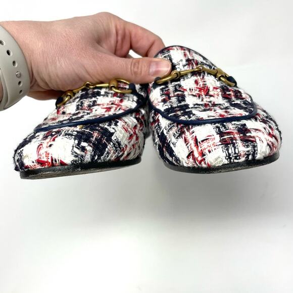 Gucci Jordaan Tweed Check Horsebit Flat Loafers Red White Blue Gold EU 37 - Picture 8 of 14